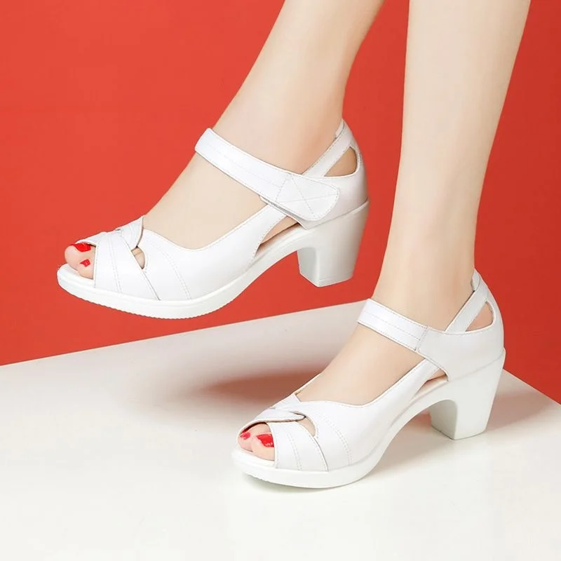 

6cm Small Size 32-43 Open Head Genuine Leather Sandals Platform Shoes Summer 2026 Med Block Heel Sandals for Office Mom Daily