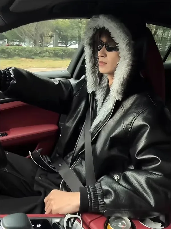 

Warmth ort American Bla Leather Jaet Cotton Coat Men's High-End Feelings Faux Fur Collar Cotton Jaet Casual Wear