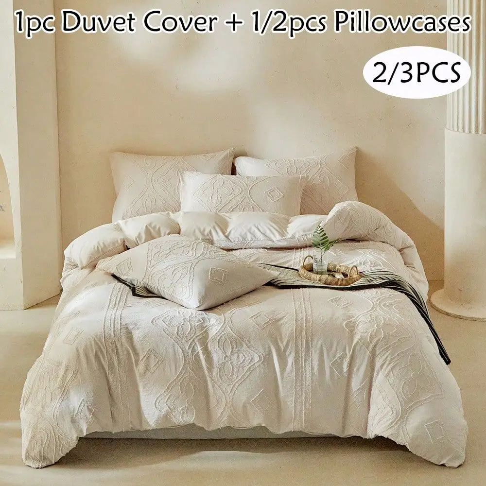 

3pcs Bohemian Style Tufted Jacquard Duvet Cover Set, Khaki Vintage Embroidered Bedding, Suitable For All Seasons, Soft Breathab