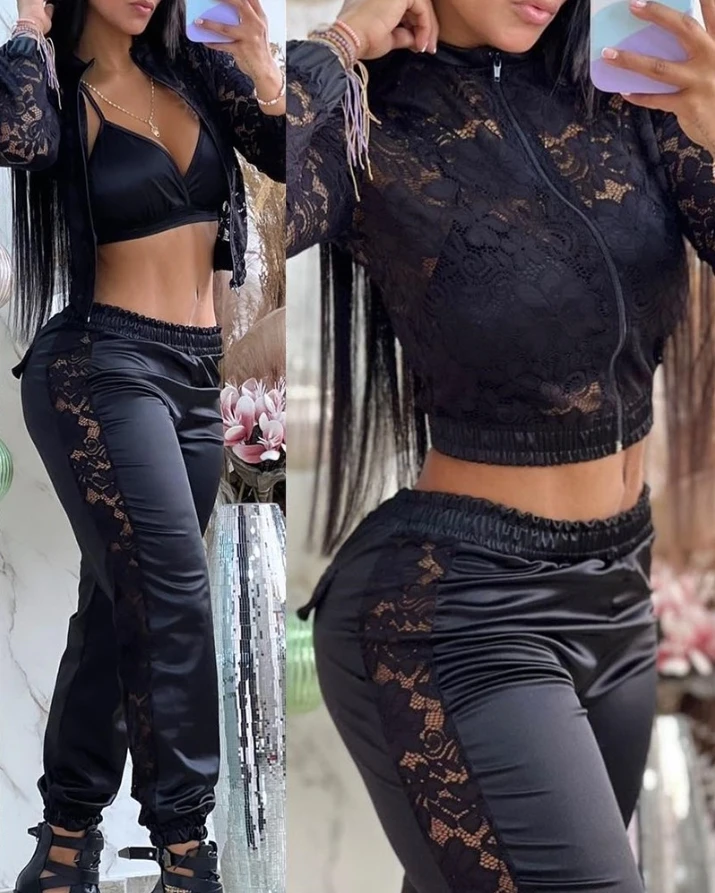 Women's Sexy Night Out Suits 2024 Spring Summer Latest V-Neck Crop Top & Shirred Crochet Lace Pants Set with Long Sleeve Coat