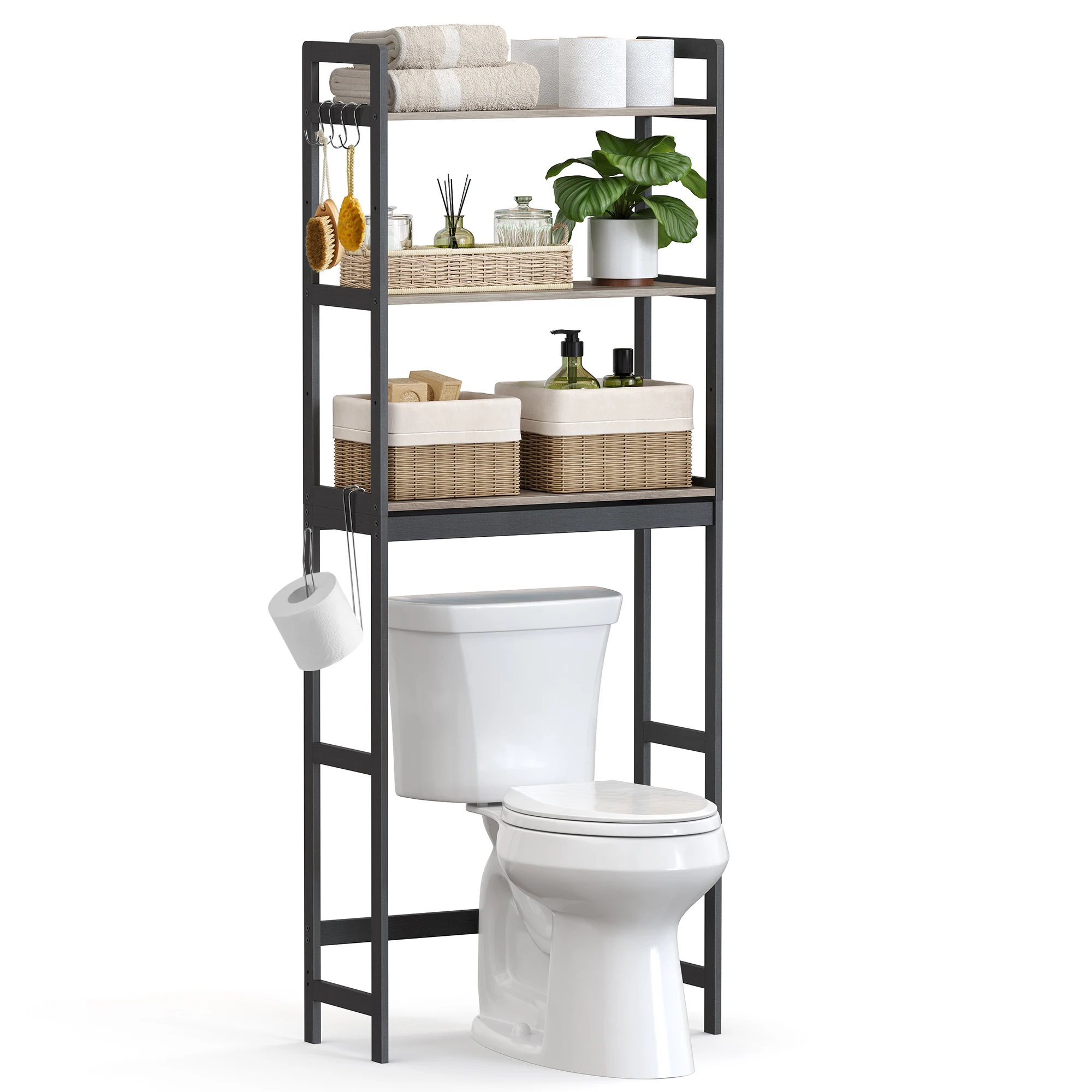 

SONGMICS Over-The-Toilet Storage, 3-Tier Bathroom Organizer Over Toilet with Adjustable Shelves, Hooks, Bamboo