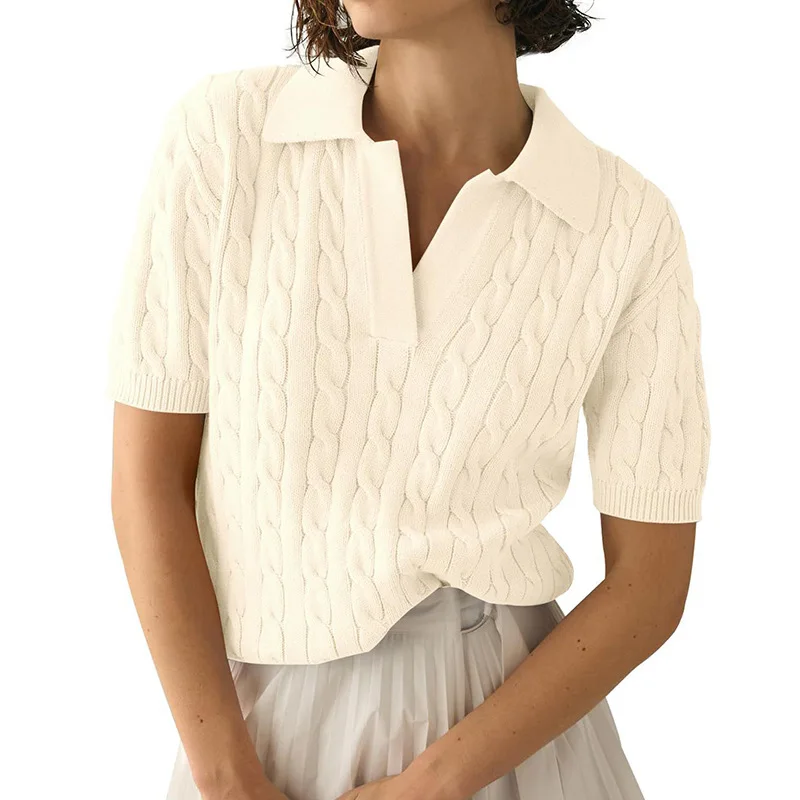 

Miss Autumn Polo Collar Style Commuter Short Sleeved Knitted Sweater Casual Solid Color Twisted Flower Knitted Pullover Sweater