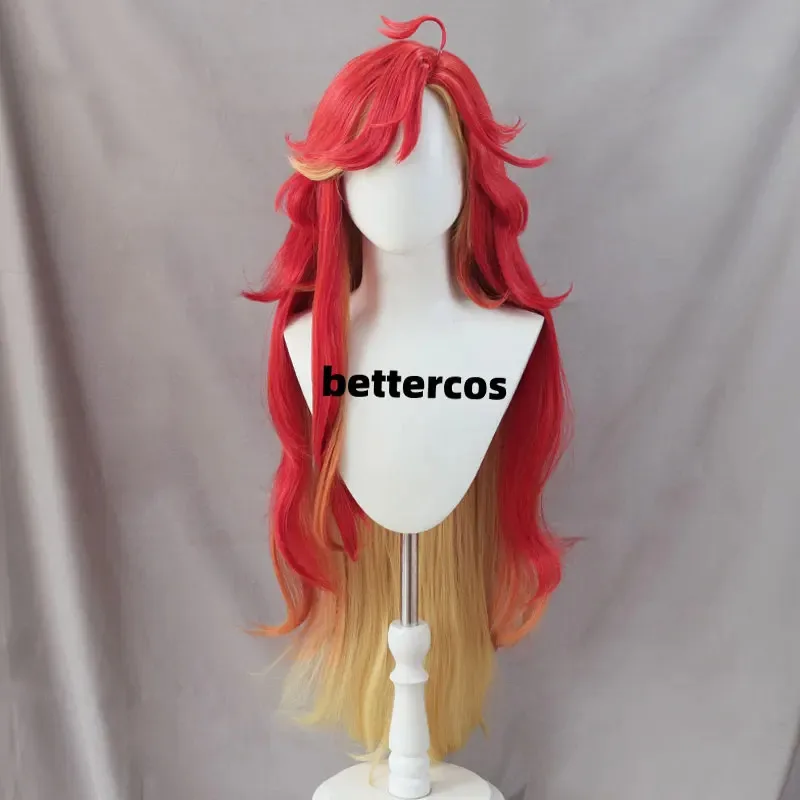 

2025 Mavuika Косплей Игра Длинные Вьющиеся Волны Красный Желтый Смешанные Термостойкие Синтетические Волосы Хэллоуин Аниме Парики + Кепка Для Парика