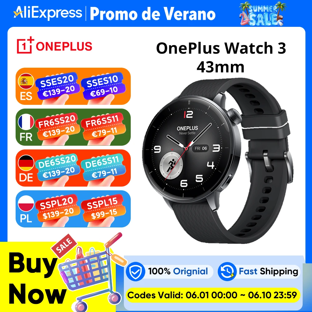 Version mondiale OnePlus Watch 3 43mm Smartwatch 1.32 pouces AMOLED affichage jusqu'à 60H d'autonomie de la batterie système d'exploitation d'utilisation par Google GPS NFC