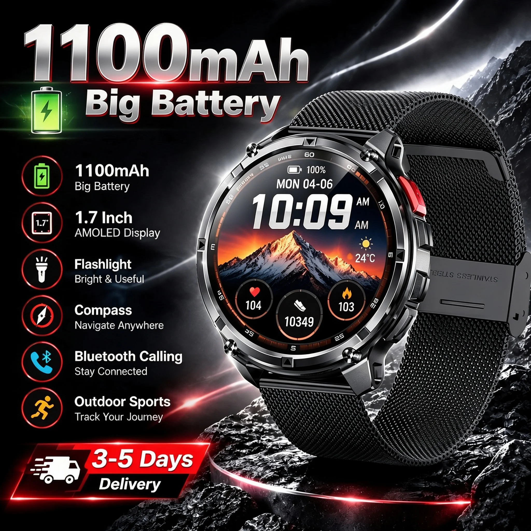 GUHUAVMI 2026 Herren Outdoor GPS Smartwatch 1,43 Zoll AMOLED HD Touchscreen 3ATM Wasserdicht 730mAh Akku mit Offline-Karten, lokaler Musik, Kompass, Barometer, Herzfrequenzmessung, 170+ Sportmodi