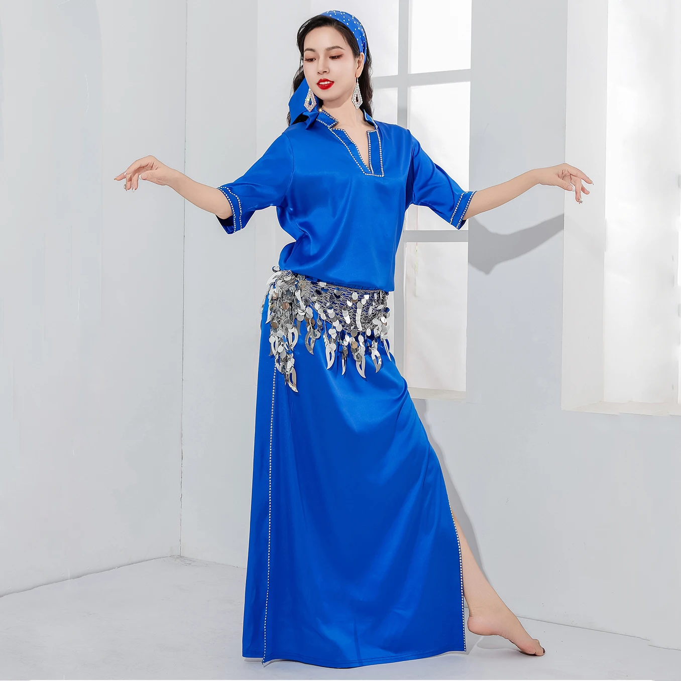 Folk Dance Costume Women Belly Dance Dress V-neck Satin Baladi Dress Saidi One-piece Dresses Girls Long Robe with Coins Belts