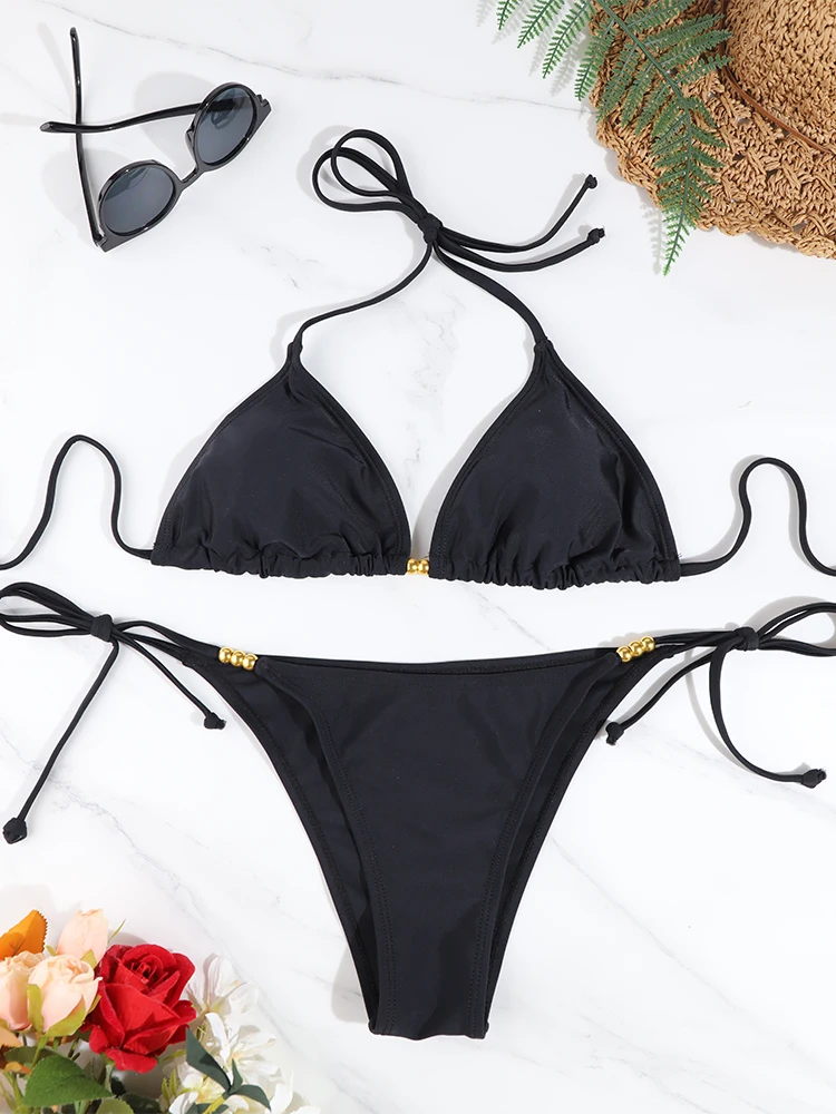 

Sexy Triangle Bikini Sets Micro Thongs Swimsuit Women Bathing Suit BeachwearSolid Color Swimwear Thong Bikini