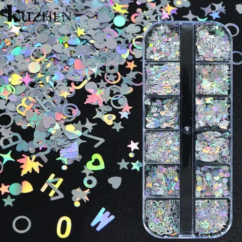 12 Siatek Brokatu do Paznokci Srebrne Gwiazdki Wzory Serca Laserowy Brokat do Paznokci Efekt Flash Ozdoby do Paznokci DIY Narzędzia do Manicure