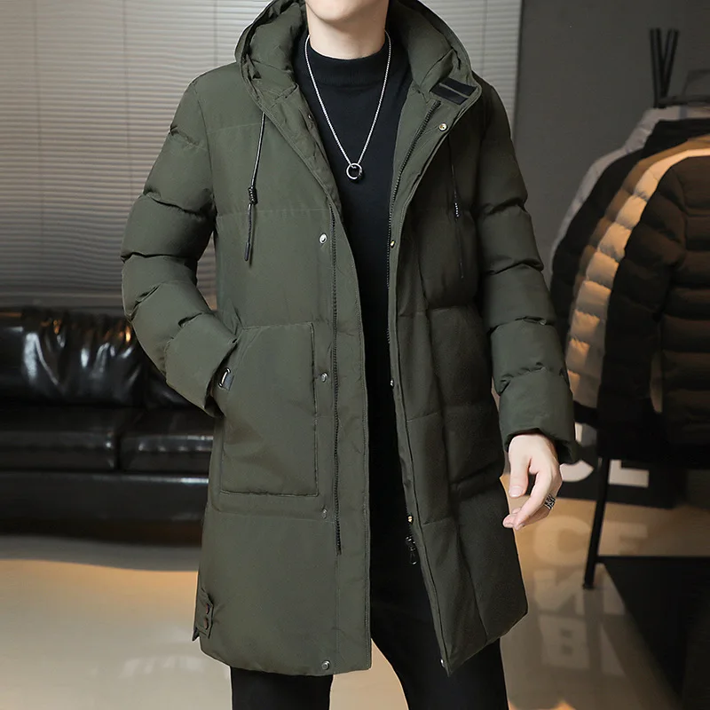 Winter Men's Clothing Mid-length Parkas Warm Thick Cotton-padded Jacket Windproof Jacket Slim Long Sleeve Zipper Pockets Coat