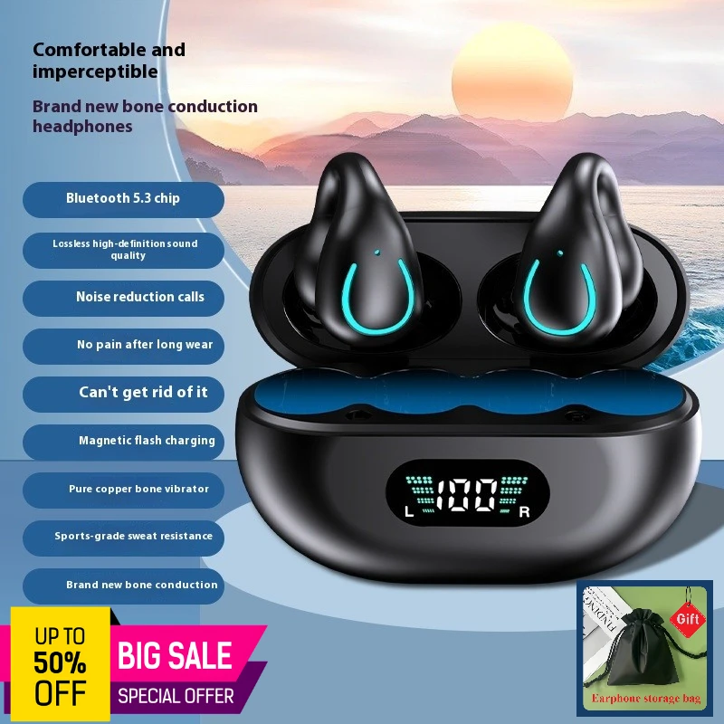 Fones de ouvido Bluetooth com condução óssea sem fio, redução de ruído, clipe de movimento, fones de ouvido sem fio, ventilador de cou