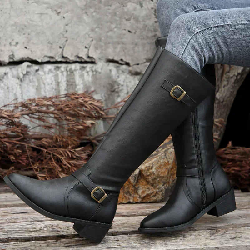 Women PU Leather Knee High Boots Autumn Winter Round Toe Knight Boots Women Platform Square Heel Long Botas De Mujer Big Size 43