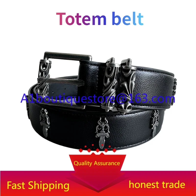 925 Silver Classic Leather Totem Belt Pin Buckle Engraved Roller Hollow Light Luxury Belt