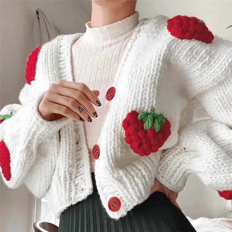 

2022 autumn and winter new women's fashion design single-breasted knitted sweater cardigan strawberry long-sleeved sweater women