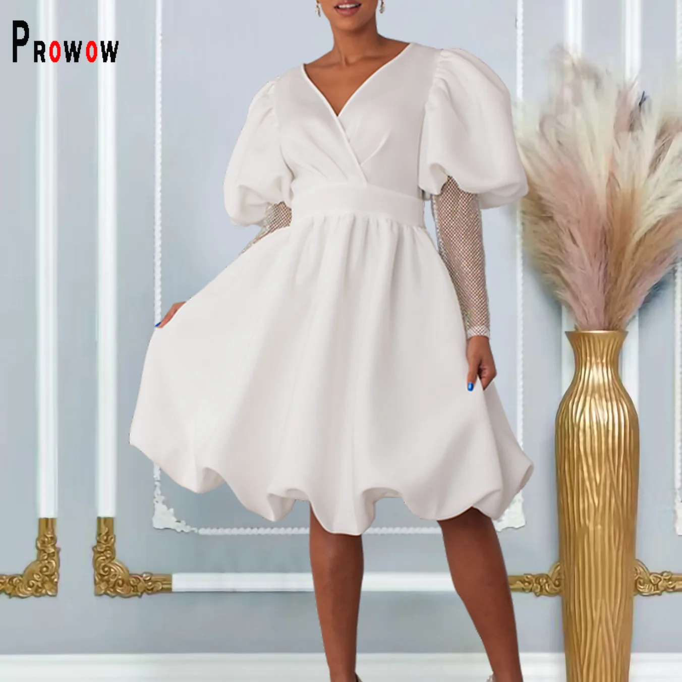 

Prowow New Style Puff Sleeve Women's Dress Elegant V-neck Solid Color Female Birthday Evening Party Wear High Quality Outfits