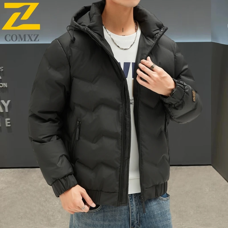 

COMXZ Down Jacket Men 2025 Solid Color Fashion Versatile White Duck Down Thick Cold Proof Warm Hooded Pike Coat Winter Down Coat