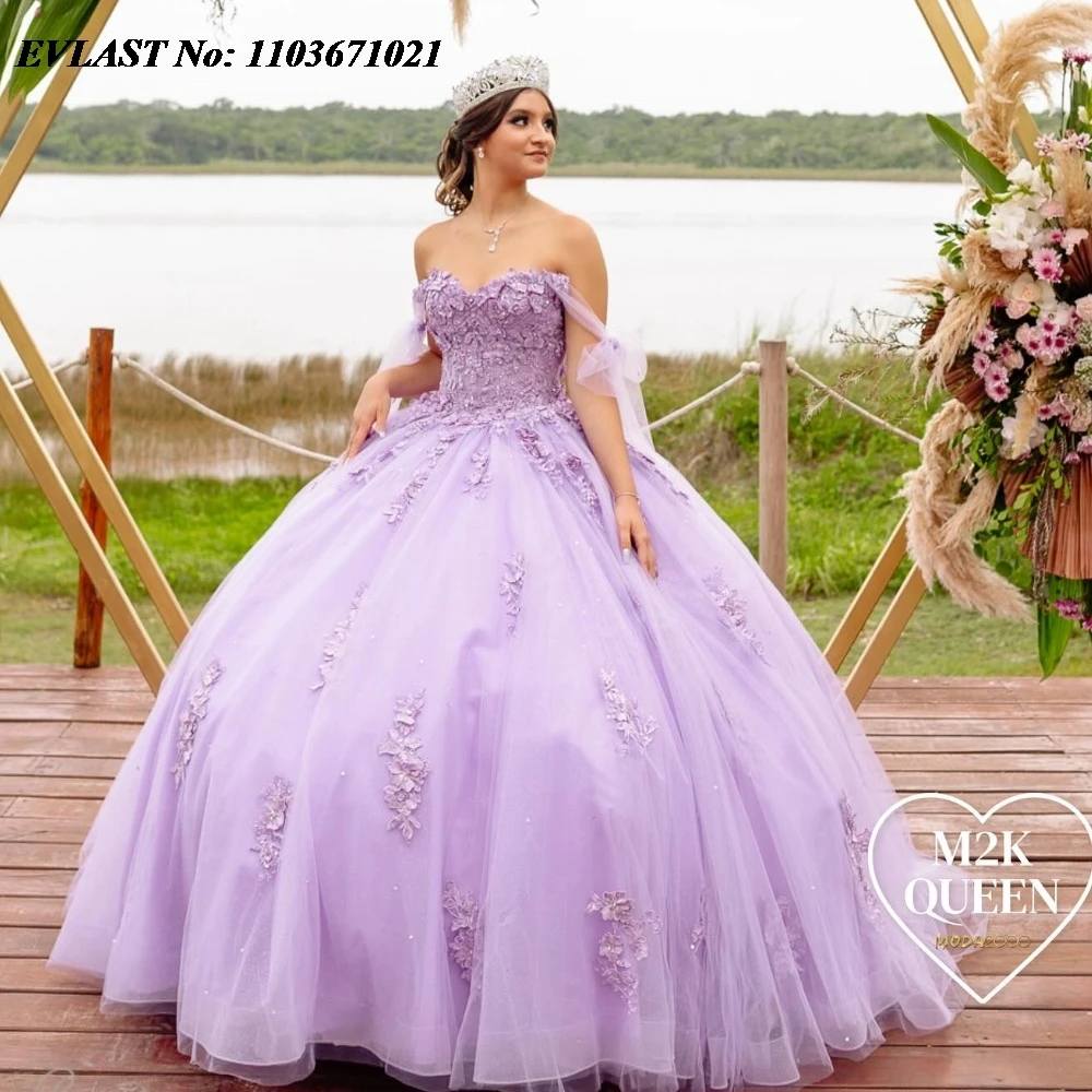 

EVLAST Princess Lavender Lilac Quinceanera Dress Lace Applique Beading Tie Bow Corset Sweet 16 Mexican Vestidos De 15 Anos SQ436