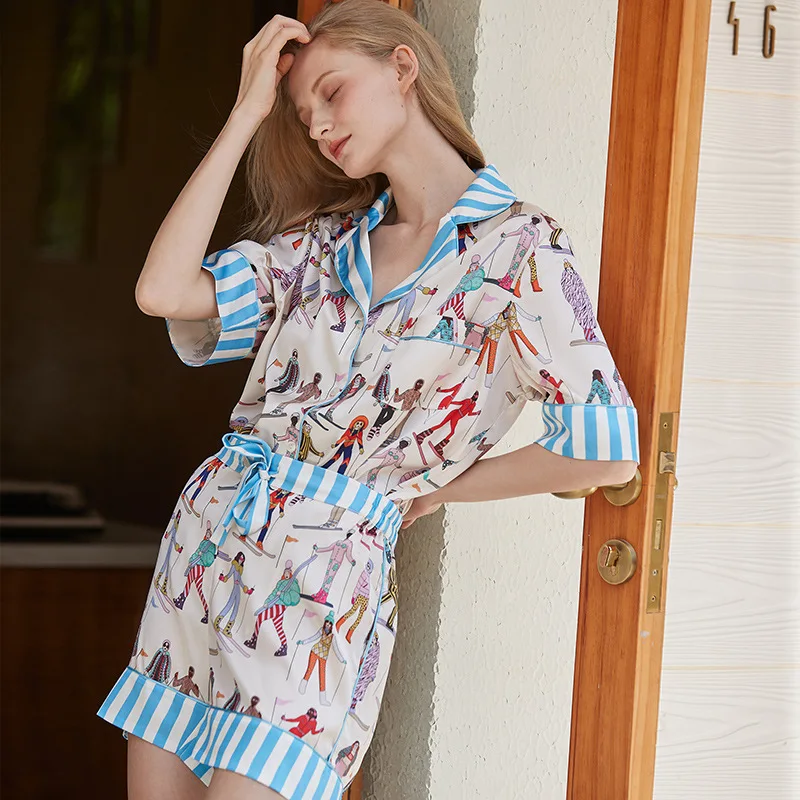 HELLOMARCEL Luxury Quality Skiing Ice Silk Pajamas For Women Short-Sleeved European American Casual Loungewear Set 2