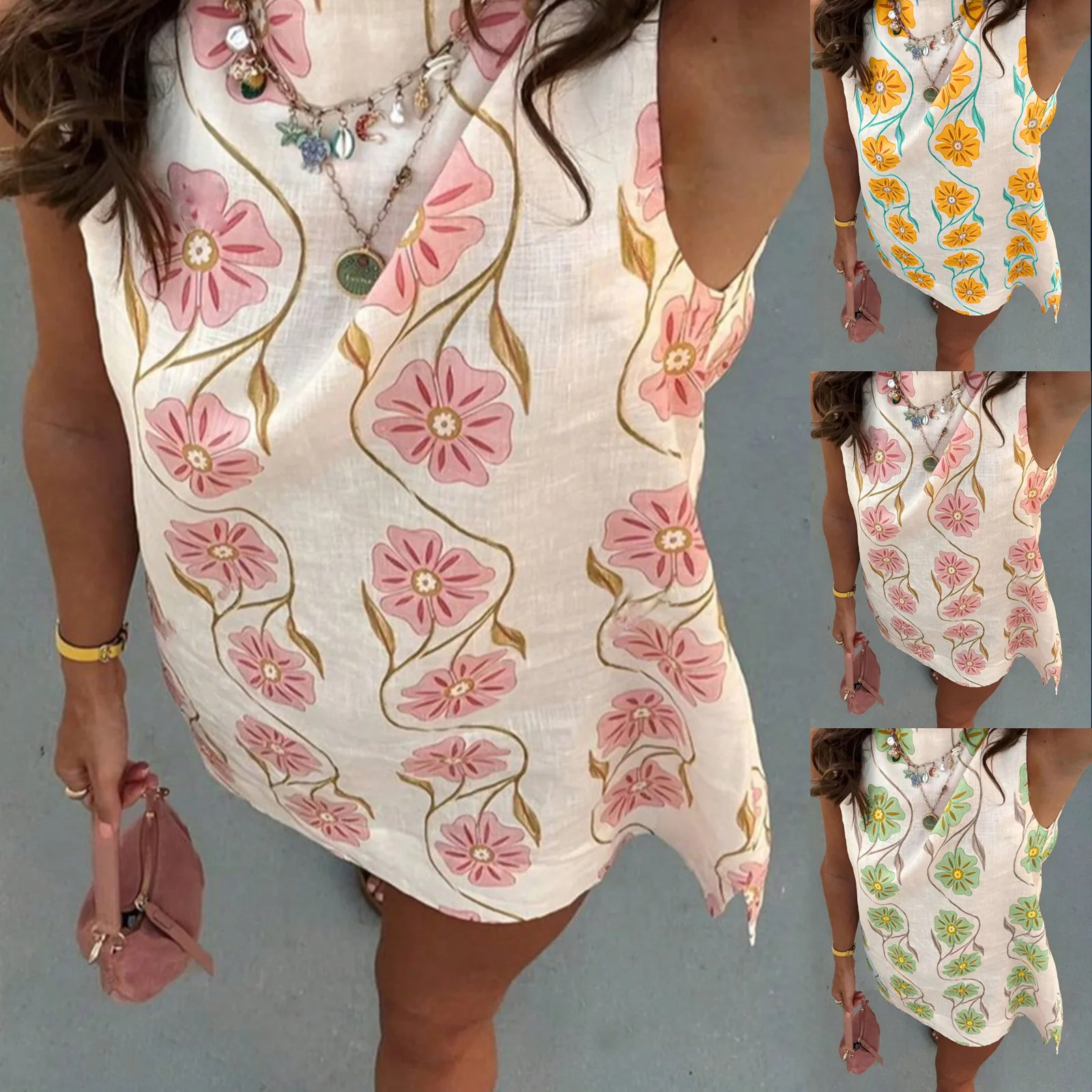 

DSMTRC Chinese Style O-neck Elegant Bodycon Sleeveless Floral Printed Mini Dress for Women Summer Holiday Casual A-line Dresses