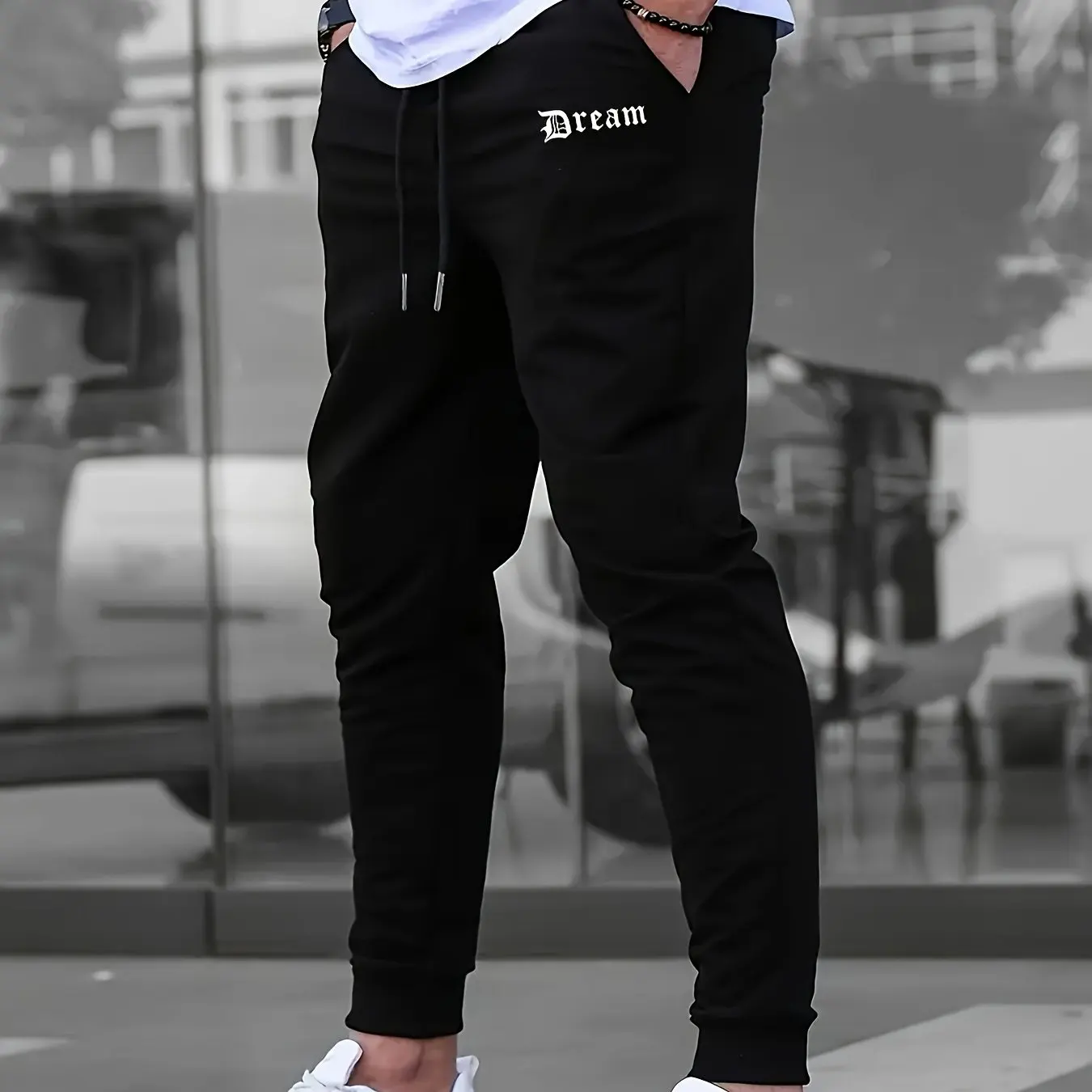 

Мужские свободные повседневные спортивные джоггеры (1 шт.), с завязками и буквенным принтом, 100% полиэстер, трикотаж, слегка эластичные, для всех видов активности