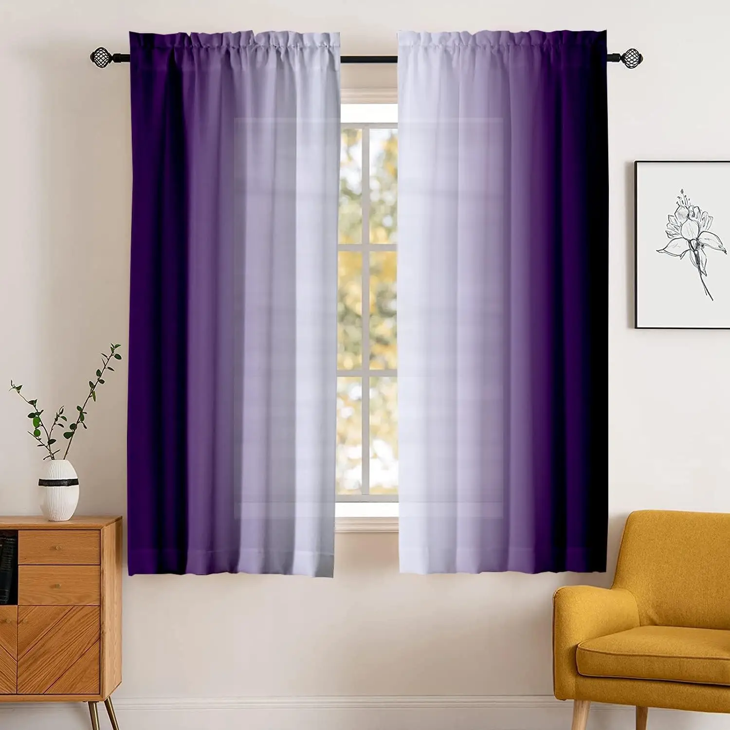 Purple Ombre Half Curtains Dark to Light Gradient for Kitchen Window Soft Decor