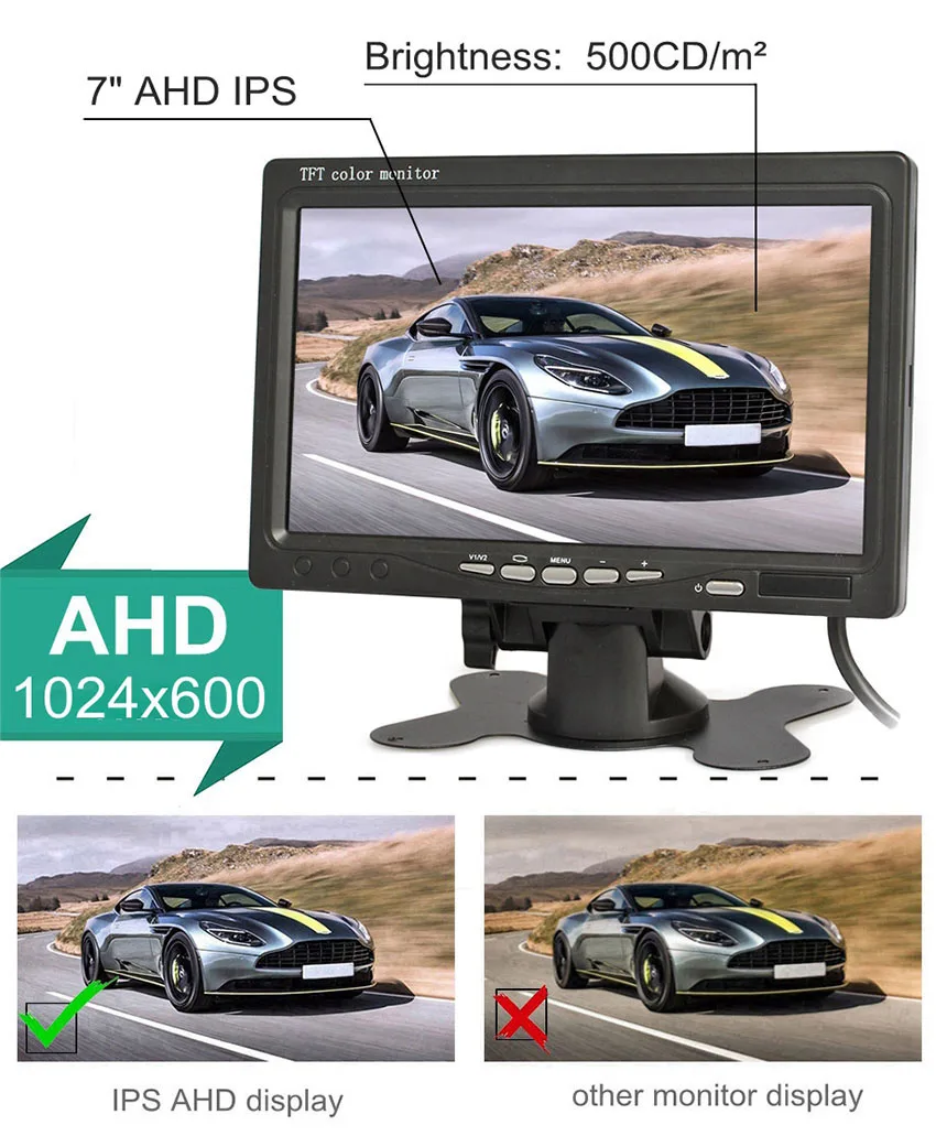 DIYKIT 1024x600 7inch AHD IPS LCD Car Monitor Rear View Monitor Support 1080P AHD Camera 2 x 4PIN Video Input