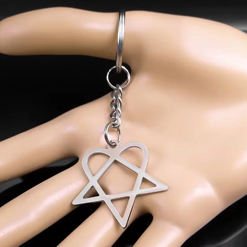 록 음악 그 Heartagram 스타 하트 열쇠 고리 스테인레스 스틸 실버 컬러 남성 여성 가방 매력 열쇠 고리 파티 선물 쥬얼리