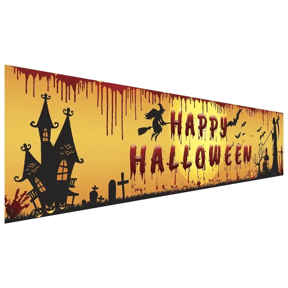 250x48cm Happy Halloween Banner Long Hanging Halloween Banner with Pumpkin Terror Bloody Handprint Decor for Yard Indoor Outdoor
