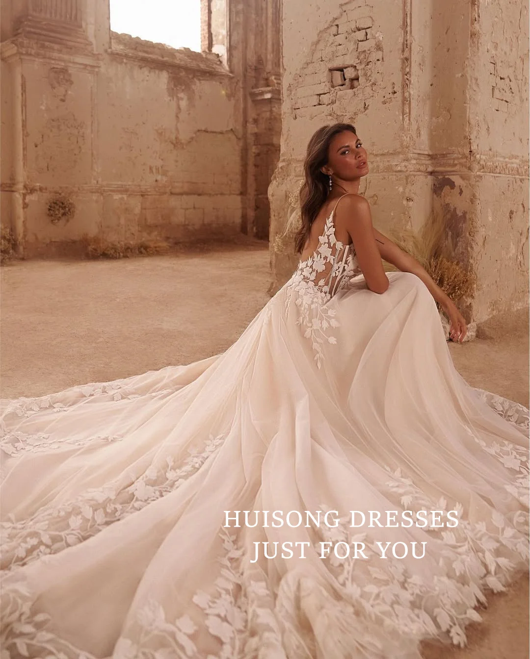 HUISONG مخصص Vestidos De Novia الدانتيل زينة فساتين الزفاف السباغيتي الأشرطة ألف خط فستان زفاف الأميرة فستان الزفاف