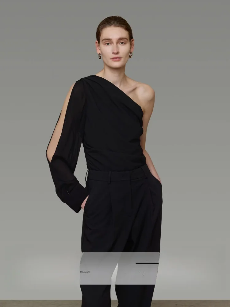 

Black Asymmetrical Shoulder Long Sleeve Shirt Women's Single Side Design Slimming Elegant Top Unsspoken Simple Style Polyeste...