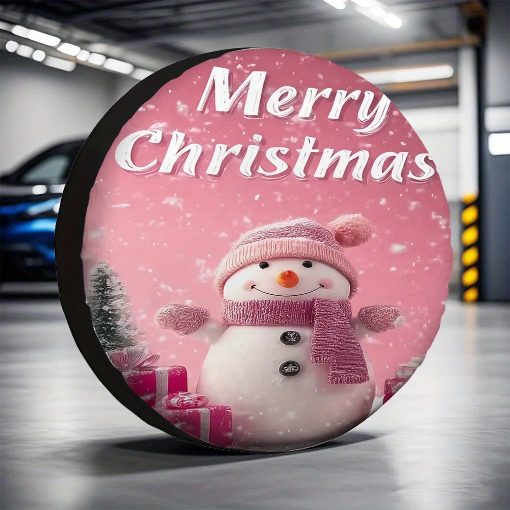 

Pink Snowman Merry Christmas Tire Cover Durable Polyester Festive Holiday Vehicle Spare Wheel Protector