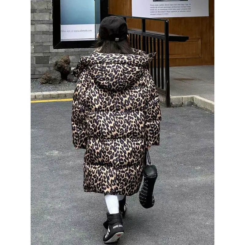 2026 New Girl Leopard Print Long Down Jacket Children's Winter Thickened Warm White Duck Down Fashion Coat Tide