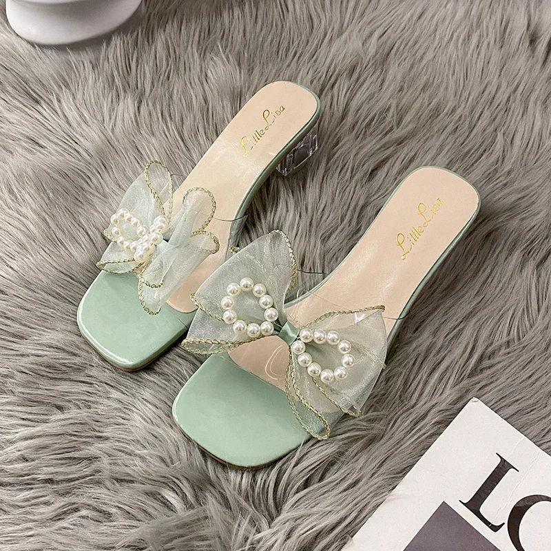 2024New Summer Women\'s Sandals Beaded Peep Toe High Heels Shoes Transparent Schunky Heel Andals Butterfly-knot Women Slippers