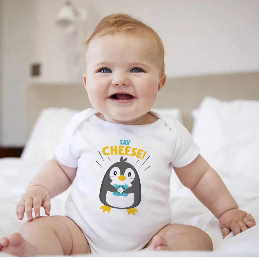 

Say Cheese Cute Animal Penguin Bodysuits For Newborn Cartoon Fashion Funny Baby Girl Boy Clothes Romper Summer Infant Onesies