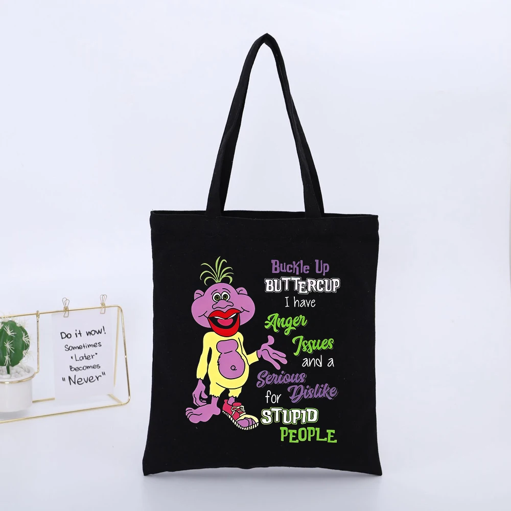 Fantasy Creature Graphic Black Canvas Tote Bag with Slogan-style Print, Urban Style for Daily Casual Use