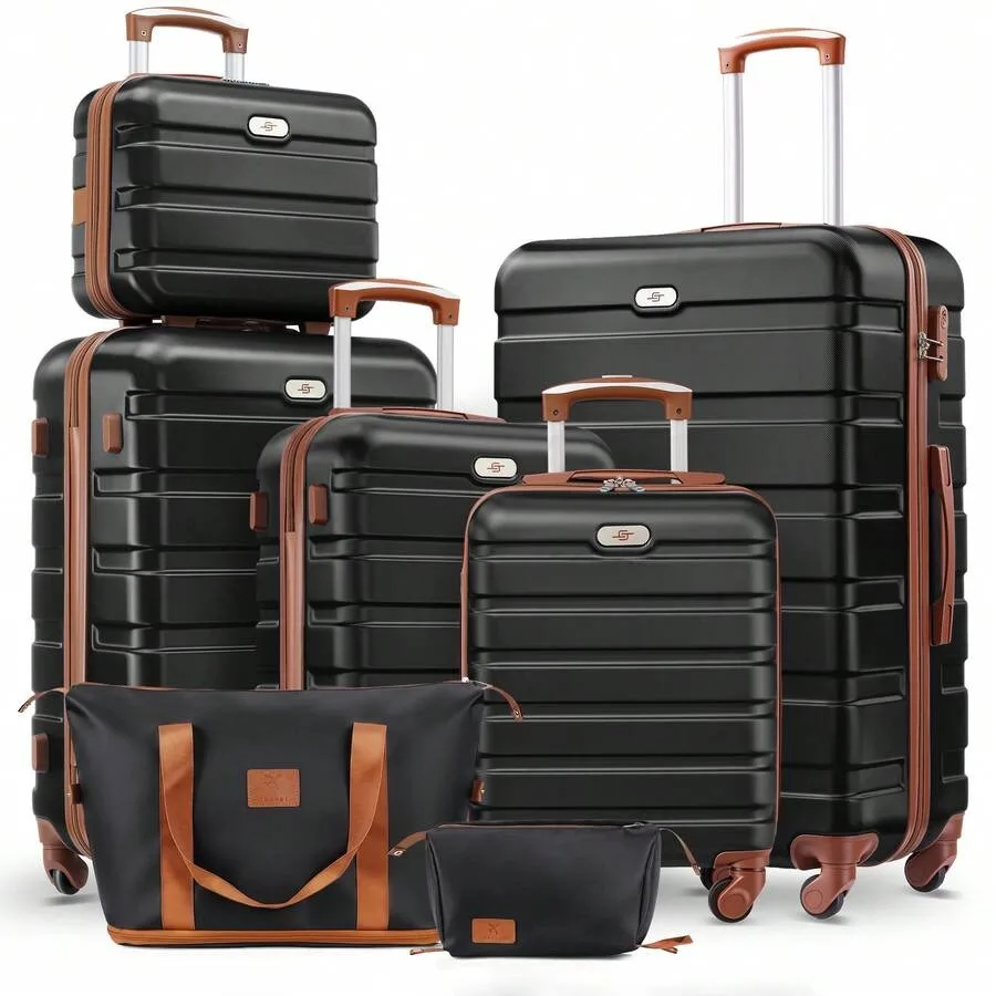 Large Capacity ABS Hardside Luggage Set, 16/20/24/28 Inch Spinner Suitcases + 2 Travel Bags + 1 Cosmetic Case, 7-Piece Set For