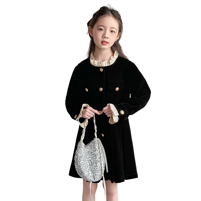 الخريف مدرسة بنات قطعة واحدة مجموعات المرقعة جولة الرقبة الأطفال الفتيات فستان الأميرة زر واحدة الصدر الاطفال الفتيات Derss #5