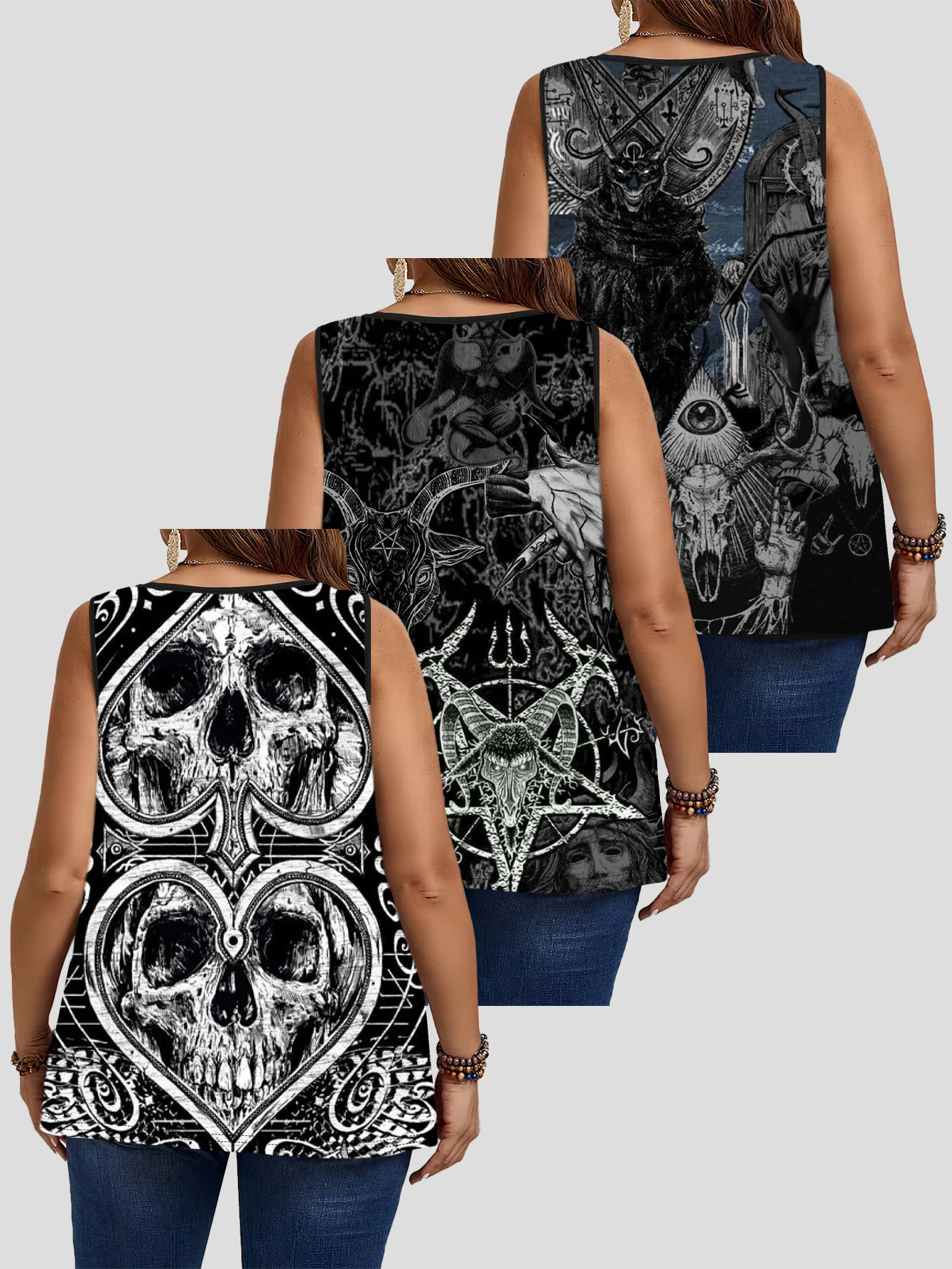 3-Piece Set of Plus-Size Women's Vests with Heart, Skull, Sheep Head, and Pentagram Art Prints, Round Neck, Loose Fit, Sleeveless Tops