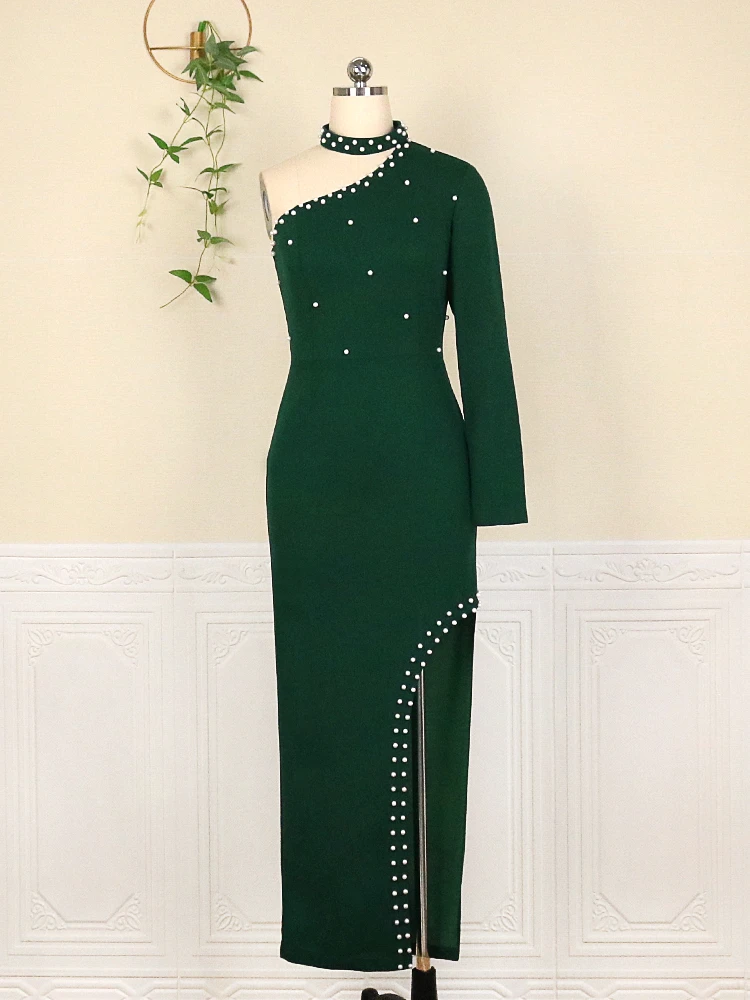 Vestidos de talla grande con cuentas verdes para mujer, vestido Sexy de un hombro, manga larga, Bodycon, abertura, fiesta de noche, evento, cuentas, vestido de graduación largo