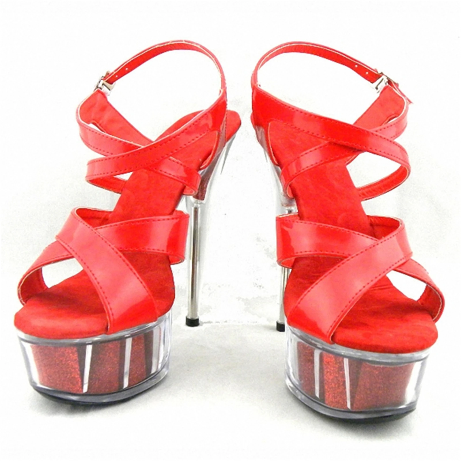 Club Statement 15CM Red Heeled Sandals Clear Platform Stiletto Patent Leather Crisscross Straps Sexy Daring Women Shoes