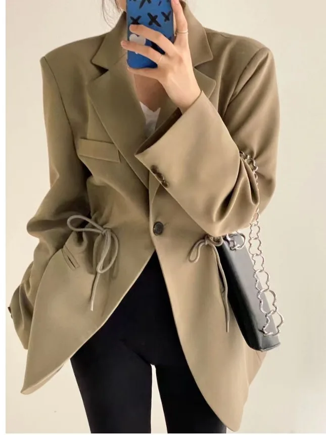 

Шикарный утягивающий женский костюм ранней весны с высокой талией и поясом, корейский костюм для поездок на работу, применимая верхняя одежда