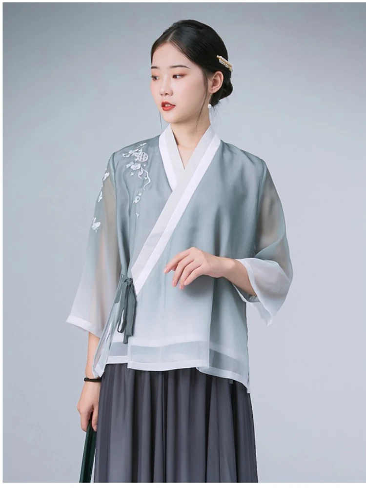 قميص Zen Hanfu الصيفي الأصلي للنساء بدلة تانغ أنيقة ملابس تقليدية فنية ريترو للنساء على الطراز الصيني العرقي #4