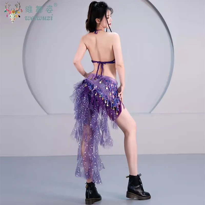 Conjunto de 3 uds de cinturón y sujetador con parte superior de mariposa para danza del vientre, falda de cadera con flecos de lentejuelas latinas, traje de fiesta Sexy con borlas puesta en escena