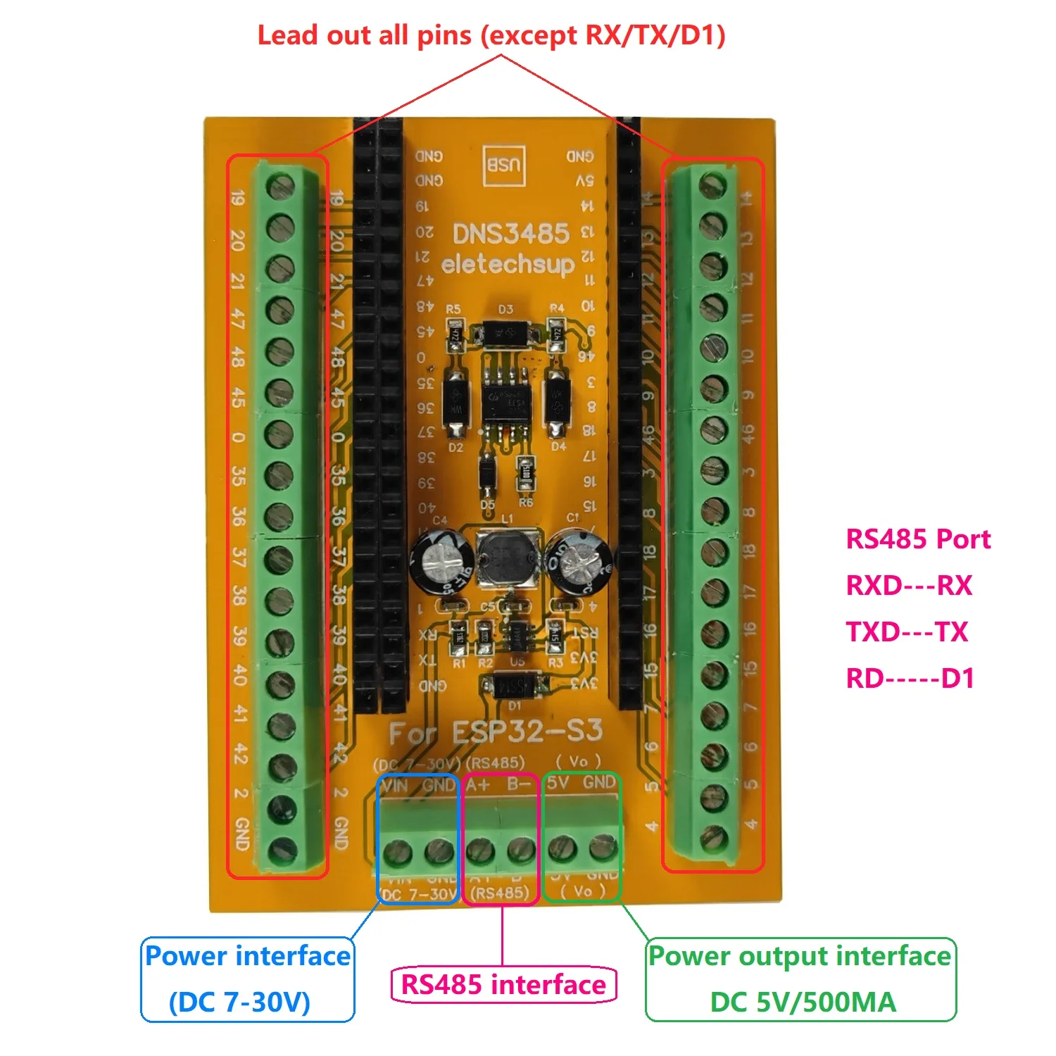 2.4G WiFi BLE Powerful AI Acceleration Reliable Security Features MCU USB to RS485 Modbus Module ESP32 S3 AIOT Expansion Board