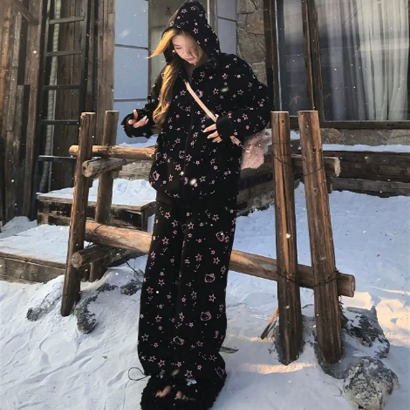 

Толстовка с капюшоном Sanrio Hello Kitty Kawaii, аниме, мультяшный принт на молнии, бархатные широкие брюки, милый осенне-зимний костюм для девочек
