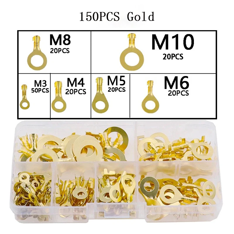 150-540pcs M3/M4/M5/M6/M8/M10 Round Terminal Block O-type Lugs Terminals Cold-Pressed Connector Copper Tab Wiring Nose