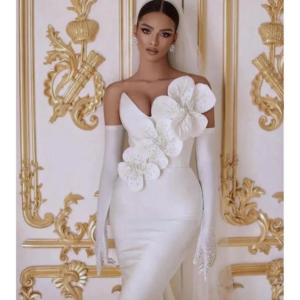 Elegant Mermaid Pearl Flowers Sexy V-Neck Gloves Formal Occasion Wedding Prom Dress Evening Party Gowns(No gloves)