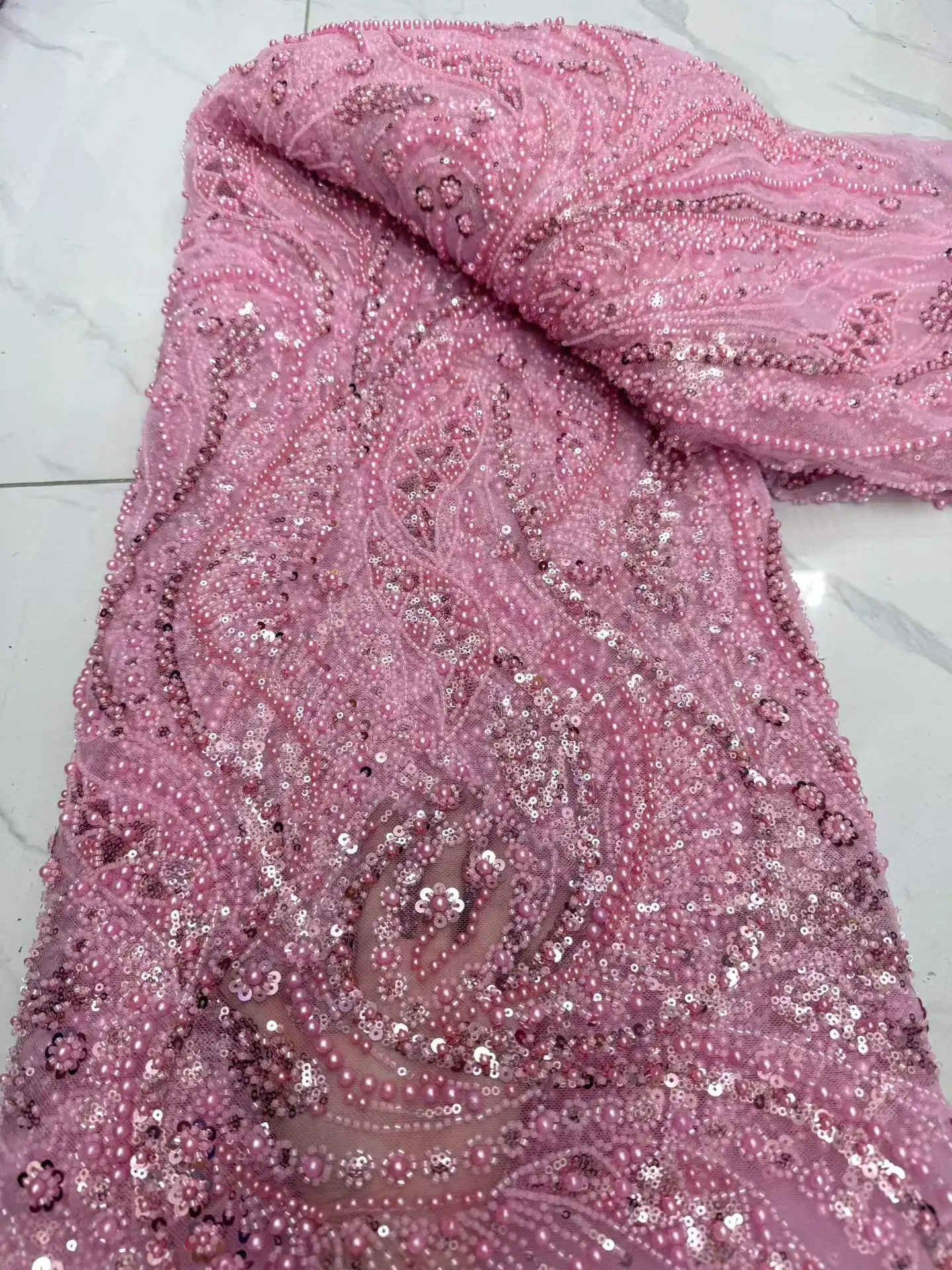 New African Lace Fabric 2026 High Quality Nigerian Lace Beads Sequins French Net Fabric 5 Yards For Sewing Party Wedding Dresses