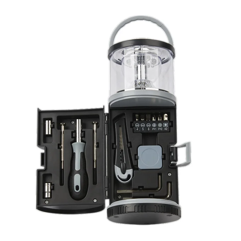 Portable Multifunctional Camping Lantern Tool Kit Dual Light Lamp For Outdoor Home With Screwdriver Hex Socket Tape Measure Knif