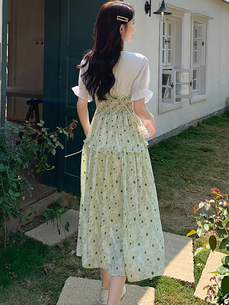 Vestido de dos piezas falso blanco de retazos de gasa Floral verde para mujer vestido elegante de verano con mangas abullonadas vestido de fiesta ajustado coreano 2025