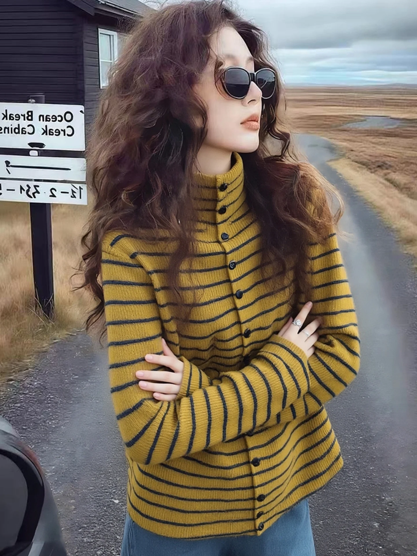 Retro Farbe Blo Gestreiften Hoher Kragen Lange Sve Gestrickte Offene Strickjacke Frauen Slim Fit Faionable Herbst Winter Top